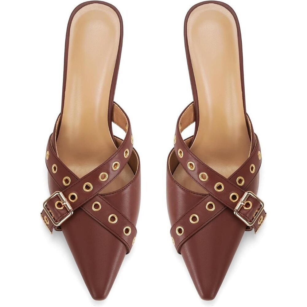 Ⓜ️Women's Brown Pointed Closed Toe Pointy Studded Stiletto Slip on Pump Shoes - Picture 3 of 6